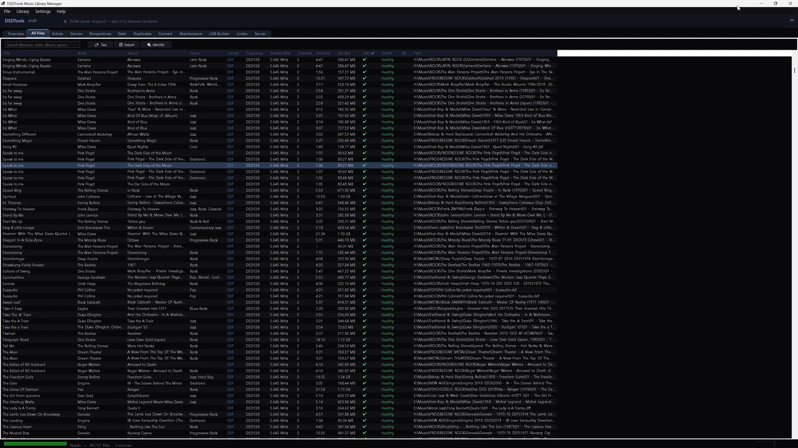Track list with DSD128 files, sample rates and health status