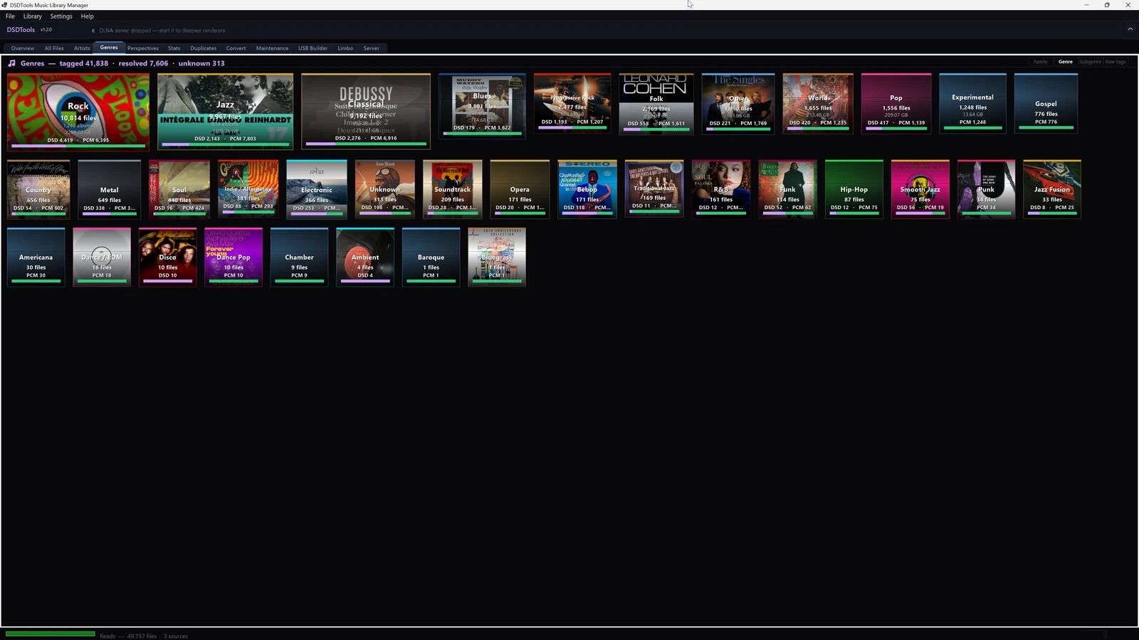 Genre overview tiles with DSD and PCM counts