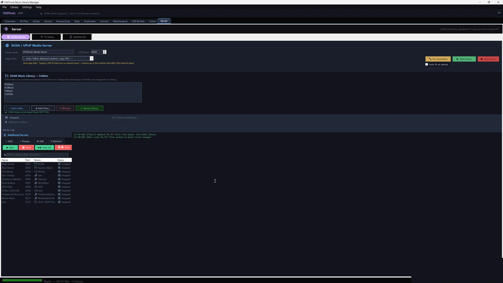 Built-in DLNA server with per-genre sub-servers